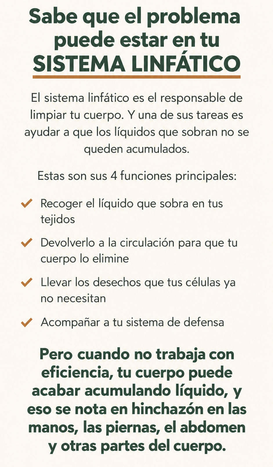 Sabe que el problema puede estar en tu sistema linfático. Sus 4 funciones: recoger el líquido que sobra en tus tejidos, devolverlo a la circulación para que tu cuerpo lo elimine, llevar los desechos que tus células ya no necesitan y acompañar a tu sistema de defensa.