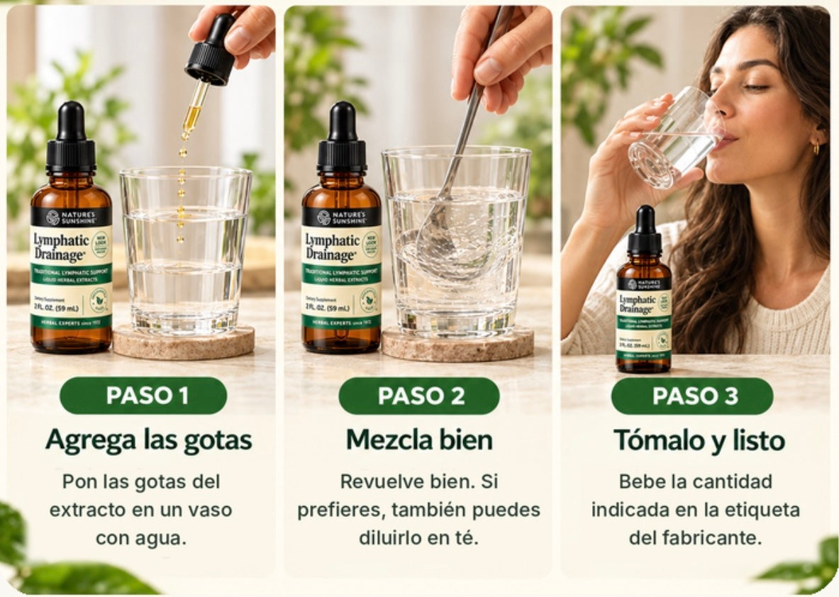 Cómo usarlo en 3 pasos: agrega las gotas a un vaso con agua, mezcla bien y tómalo
